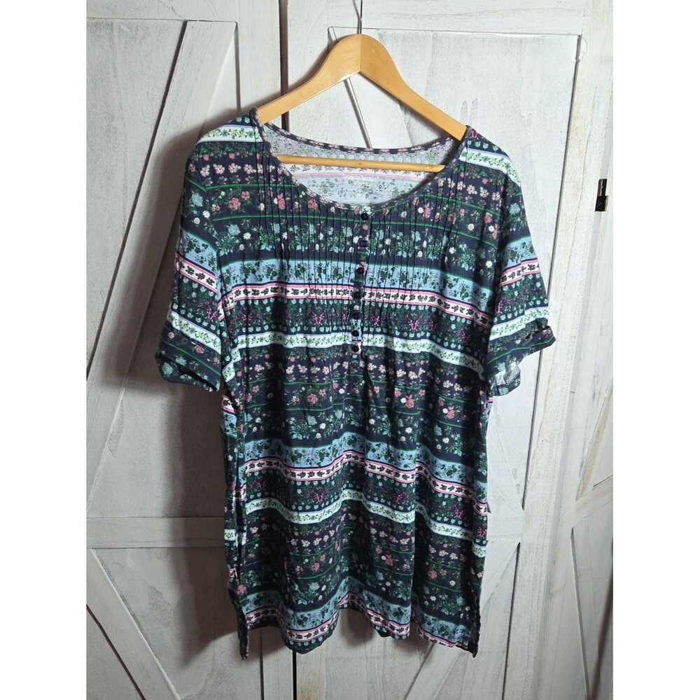 Woman Within Floral Striped Button Front Cuff Sleeve T-Shirt Size 1X